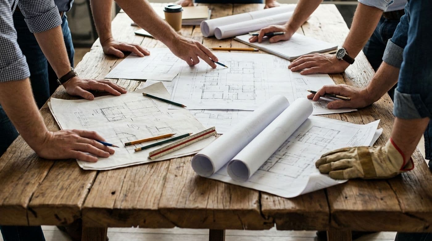 Byggteam som planerar över ritningar